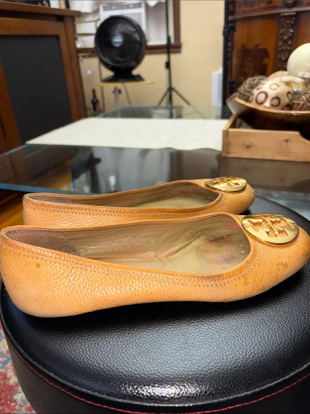 Tory Burch Mustard Leather Logo Ballet Flats
